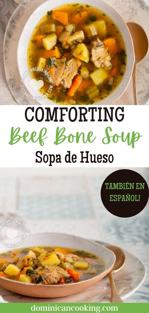 There's nothing like a big pot of beef bone soup to warm your soul on a cold winter day. Warm up this winter with a big pot of comforting beef bone soup. Loaded with veggies, herbs, and tender chunks of beef, this sopa de hueso is the perfect meal to chase away the chill. Plus, it's so easy to make! Beef Stew With Soup Bones, Soup Bones Beef Recipe Crock Pot, Recipes With Beef Soup Bones, Beef Bone Stew, Beef Bone Soup, Beef Soup Bones, Bone Soup, Crockpot Stew, Breakfast Soup