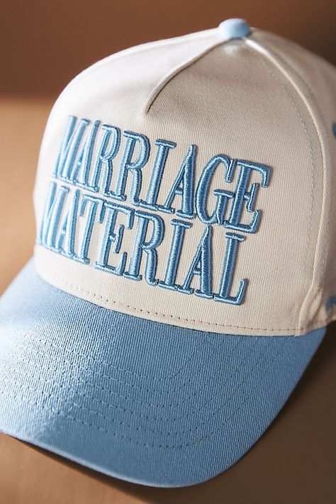 It's a fact - you're marriage material, so let the world know by donning this fun hat. | Marriage Material Baseball Cap by BRIDEMERCH in Blue, Women's, Cotton at Anthropologie Marriage Material Hat, Bride Accessories Bachelorette, Bachelorette Bridesmaid Gifts, Veuve Cliquot, Bachelorette Inspo, Last Toast On The Coast, Toast On The Coast, Bach Weekend, Fun Hat