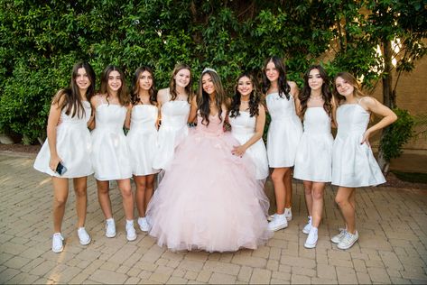 Quinceanera Court Pictures Pink, Blush Chambelanes Outfits, Pink Quinceanera Theme Chambelanes, Quince Court Dresses, Pink Quince Court, Quince Extras, Quince Photoshoot Ideas With Court, Quinceanera Court Outfits, Backyard Quince