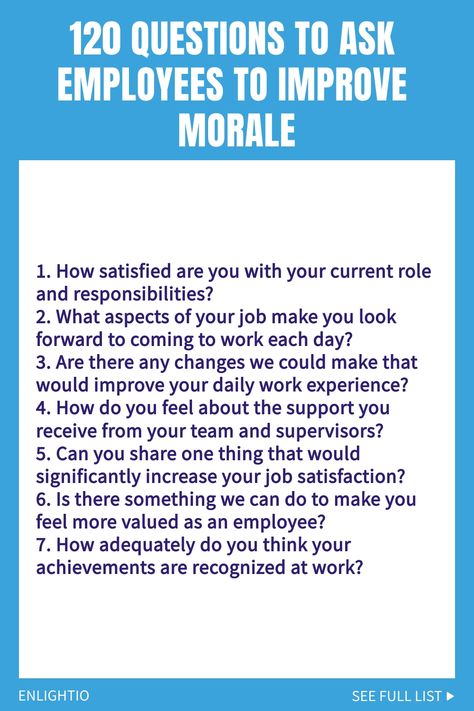 Explore our comprehensive list of 120 insightful questions to boost your employees' morale in the workplace. Asking these questions can help foster a positive work environment and enhance team dynamics. Use these prompts during team meetings, one-on-one sessions, or performance evaluations to show you care about their well-being and professional growth. Improving morale leads to increased productivity, higher job satisfaction, and stronger employee engagement. Download our guide now and watch yo Work Meeting Reflections Quotes, How To Manage Employees, Employee Rounding Questions, One On One Meeting Employee, Employee Check In Questions, Questions To Ask Employees, Underperforming Employees, Self Evaluation Employee, Work Team Building Activities