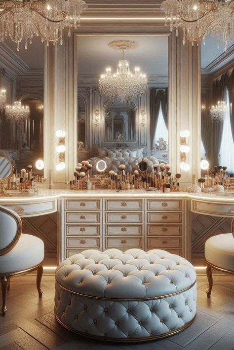 Get ready in style with this luxurious double vanity featuring a dedicated makeup station. Perfect for primping and pampering. #MakeupVanity #LuxuryBathroom Huge Makeup Vanity, Old Money Washroom, Makeup Room Luxury, Large Makeup Vanity, Bathroom Vanity Makeup Station, Parisian Inspired Bathroom, Parisian Bathroom French Style, Get Ready Room, Makeup Vanity Aesthetic