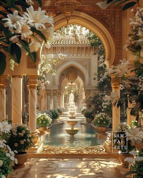 Sampai Arts | Explore the Day Court + Aesthetics ☀️ Palace - Room - Outdoor Garden - Enchanted Library - Helion’s Beast Form - Pegasus ⋆ Characters… | Instagram Nessian Fanart, Arabian Palace, Enchanted Library, Fantasy Room, Royal Room, Fantasy Story Ideas, Future Architecture, Castle Decor, Glamour Decor