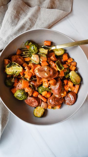 Christina Klapper, RDN | Easy Dinners on Instagram: "This fall harvest chicken apple sausage sheet pan dinner is not only perfect for busy weeknights but it’s also great for meal prep! It features roasted sweet potatoes, brussels sprouts, and apple chicken sausage with a delicious honey mustard glaze that will leave you satisfied for hours! 

Make sure to like this post + Comment “harvest” to get the full recipe sent straight to your inbox 📥 

#sheetpan #sheetpandinner #sheetpanmeals #chickensausage #healthydinner #fallrecipes #falldinner #falldinners #easydinner #easydinners #easydinnerideas #easyandhealthy #easymeals" Apple Sausage Sheet Pan, Sausage Sheet Pan Dinner, Sausage Sheet Pan, Apple Recipes Healthy, Fall Apple Recipes, Chicken Apple, Chicken Apple Sausage, Apple Sausage, Fall Recipes Healthy