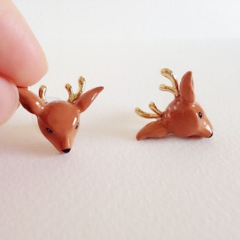 Clay Deer, Fairytale Animals, Earrings Animals, Jewelry Animals, Deer Earrings, Animals Jewelry, Handmade Animals, Deer Jewelry, Polymer Clay Christmas