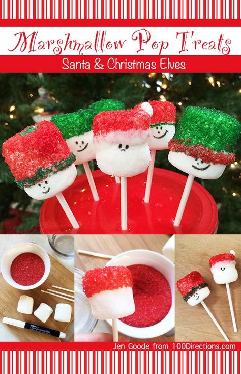 Marshmallow Christmas Treat Pops - so fun to make and yummy to eat - designed by Jen Goode Marshmallow Christmas Treats, Marshmallow Christmas, Santa Treats, Christmas Food Treats, Xmas Treats, Marshmallow Treats, Edible Crafts, Christmas Pops, Christmas Candy Recipes