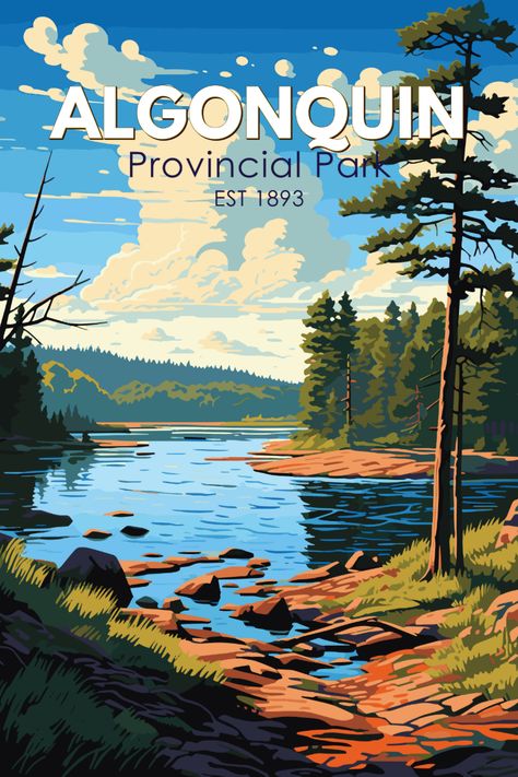 Vintage Algonquin Provincial Park poster with natural wilderness theme. Algonquin Provincial Park, National Parks America, Park River, Vintage Postcards Travel, Algonquin Park, Mammoth Lakes, Two Rivers, National Park Posters, Park Art