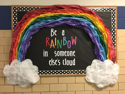 Rainbow/Kindness Bulletin Board Rainbow Theme Classroom, Rainbow Bulletin Boards, March Bulletin Board, Kindness Bulletin Board, Door Bulletin Boards, Work Bulletin Boards, Art Bulletin Boards, Valentines Day Bulletin Board, Summer Bulletin Boards