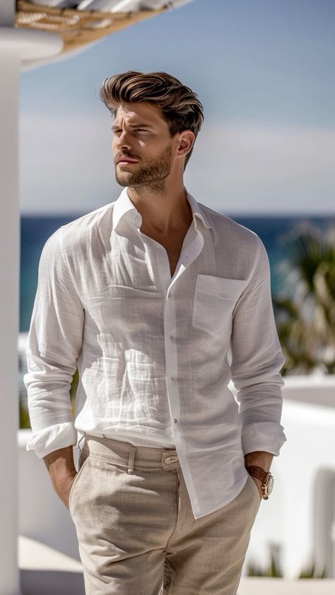 Men Emotions, Linen Outfit Men, Mens Vacation Outfits, Cream Linen Pants, Casual Look For Men, Linen Shirt Outfit, Mens Wedding Attire, Christmas Fits, Man Outfit