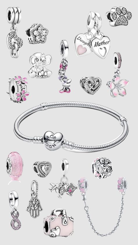 Pandora Bangle With Charms, Pink Themed Pandora Bracelet, Pandora Open Momemts Bangle, Pink And Silver Pandora Bracelet, Pandora Mom, Pandora Bangle Bracelet, Pandora Bangle, Moms Bracelet, Pandora Bracelets