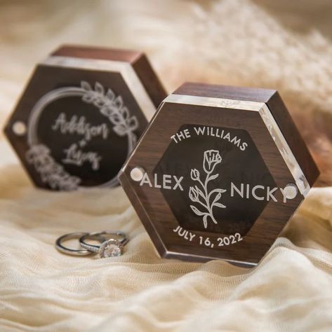 Hexagon Wedding Ring, Laser Cut Ring, Modern Wedding Ring, Wedding Ring Bearer Boxes, Personalized Ring Box, Modern Wedding Rings, Hexagon Ring, Wedding Ring Bearer, Engraved Wedding Rings