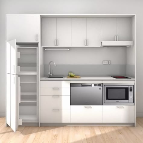 W2400D | Kitchenette Nz Small Dry Kitchen Design, Small Efficiency Apartment Ideas, Bedroom Kitchenette Ideas, Bedroom With Kitchenette, Black Benchtop, Single Drawer Dishwasher, Wall Kitchen Cabinets, Studio Kitchenette, Office Kitchenette