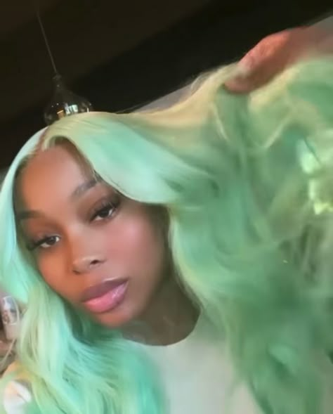 Mint Frontal Wig, Turquoise Wigs For Black Women, Sweet Mint Wig, Mint Green Wig Install, Mint Lace Front Wig, Teal Hair Outfits, Mint Wigs For Black Women, Mint Colored Hair, Light Green Wig