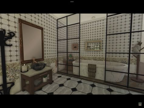 Bloxburg Luxury Bathroom, Bloxburg Mediterranean House Interior, Realistic Bathroom Bloxburg, Bloxburg Traditional House, Bloxburg House Interior, Mediterranean House Interior, Bloxburg Bathroom Ideas, Bloxburg City, Bloxburg Building