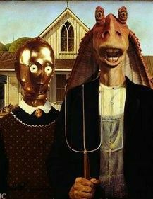 Jarjar Binks, Troy Barnes, American Gothic House, American Gothic Parody, Grant Wood American Gothic, Bonanza Slot, Jar Jar Binks, Grant Wood, American Gothic