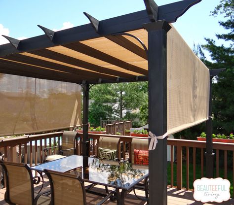 In a previous post, I mentioned we were debating between getting a pergola or canopy for our outdoor deck. Ultimately, we opted for the pergola and I think it suits our shading needs and matches our outdoor decor quite well. Here are some photos: 1)  Stepping out of the sliding doors off our dining room, … Deck Shade, Backyard Shade, Diy Front Porch, Pergola Attached To House, Pergola Garden, Pergola Design, Pergola Canopy, Wooden Pergola, Patio Shade