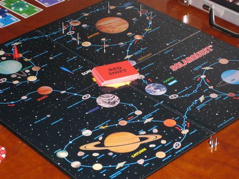 Solarquest | Image | BoardGameGeek - most awesome game ever and the only reason I know the names of so many moons in our solar system. Space Board Game, Nasa Punk, Space Map, Space Project, Map Games, Board Game Design, Space Projects, Space Games, Paper Games