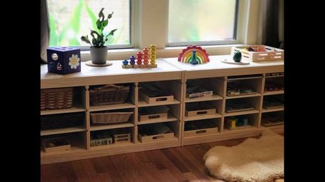 Montessori Shelf Work! IKEA trofast with shelves with wooden toys (Melissa and Doug organizers). Creates independence and she can put away on her own. Ikea Trofast Montessori, Trofast With Shelves, Trofast Shelf, Rorys Room, Montessori Shelf Work, Dining And Living Room Combo, Toy Room Storage, Homeschool Room Design, Adventure Room