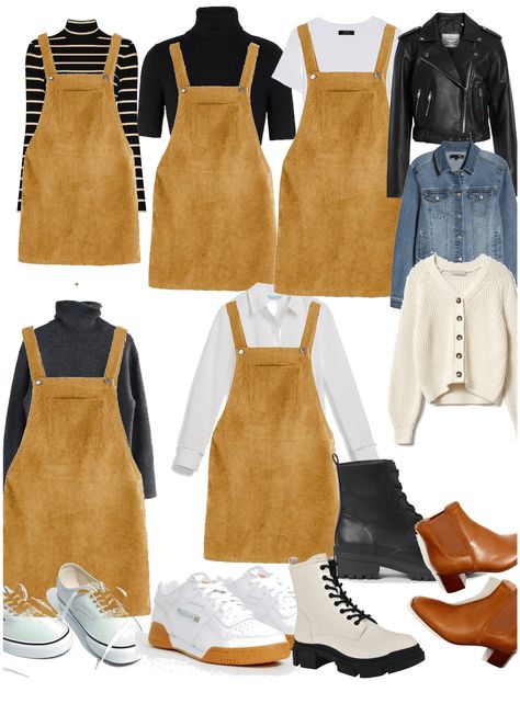 Overall Ideas Outfits, Beige Pinafore Dress Outfit, Brown Jumper Dress Outfit, Corduroy Pinafore Dress Outfit, Brown Pinafore Dress Outfit, Skirt Dungarees Outfit, Dungaree Skirt Outfit, Dungarees Outfit Women, Overalls Skirt Outfit