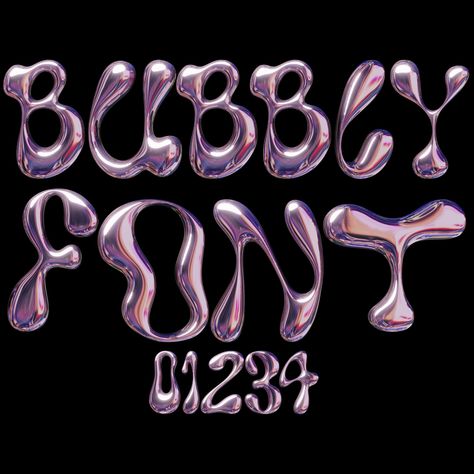 : unique set of 3D alphabets and numbers in a bubbly style, perfect for creating stylish logos, branding, social media posts, and#bubblefont #funwithfonts #creativelettering #typographylove #fontobsessed Bubble Cursive Font, Bubbly Typography Design, Chrome Bubble Font, Bubble Letter Fonts Canva, Chrome Bubble Letters, Y2k Bubble Letters, Canva Chrome Font, 3d Bubble Letters, Canva Numbers Element