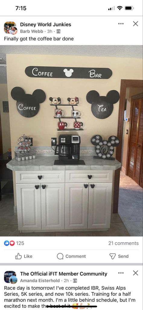 Disney Theme Kitchen, Disney Coffee Bar Ideas, Mickey Mouse Kitchen Ideas, Disney Coffee Bar, Disney Apartment, Cobalt Blue Kitchens, Disney Decorations, Disney House Ideas, Wine Butler