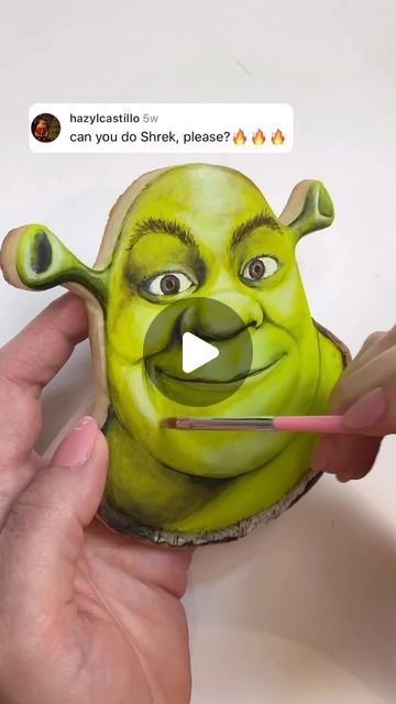 Lucie Radcliffe Steele on Instagram: "That’ll do Donkey, that’ll do 💚  This @shrek cookie is decorated with royal icing and painted with Chefmaster Food Gels 👩🏻‍🎨🎨🖌️  #decoratedcookies #decoratedsugarcookies #cookiedecorating #cookiedecorator #cookiedecoration #cookiedesign #cookieart #baketheworldabetterplace #bakersofinstagram #bakersgonnabake #makersofinstagram #makersmovement #cookieclasses #luciebakes #royalicing #royalicingart #shrek #shrekisloveshrekislife #shrekislife #paintedcookie #sugarart #sugarartist #cookieclass" Shrek Cookies Decorated, Shrek Cookies, Shrek Food, Smash Mouth, Bakers Gonna Bake, Royal Icing Decorations, Cookie Inspiration, Cookie Art, Sugar Art