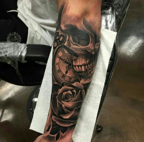 Clock Tattoos, Skull Rose Tattoos, Rose Tattoo Sleeve, Skull Sleeve Tattoos, Skull Sleeve, Skull And Roses, Cool Arm Tattoos, Forarm Tattoos, Cool Forearm Tattoos