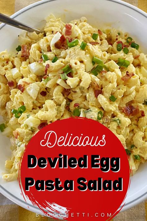 Deviled Egg Pasta Salad combines two classic recipes into one delicious creamy summer salad that's sure to be the hit of your next BBQ or cookout. Take the delicious egg appetizer and combine it with a classic macaroni salad and you get a yummy salad that will become a family favorite. Great for BBQs, cookouts, and potlucks. Deviled Egg Pasta Salad Recipe, Pasta Salad With Bacon, Grilled Ham Steaks, Deviled Egg Pasta Salad, Egg Macaroni Salad, Egg Pasta Salad, Egg Appetizer, Grilled Strawberries, Feta Pasta Salad