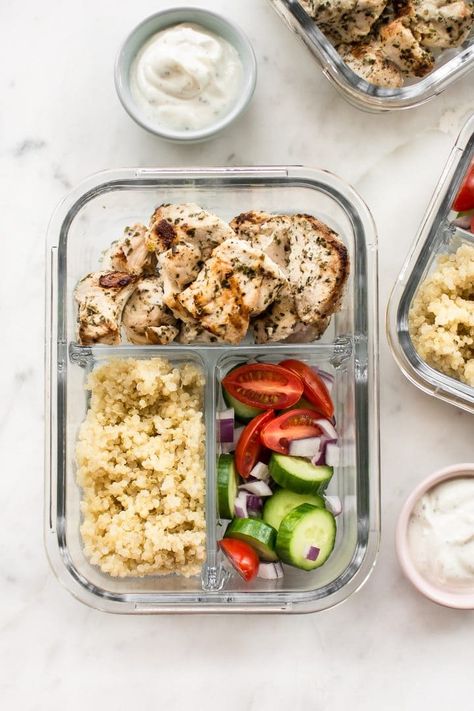 Greek Chicken Souvlaki Meal Prep Bowls • Salt & Lavender Greek Chicken Lunch Meal Prep, Greek Meal Prep Bowls, Grilled Chicken Meal Prep, Meal Prep Mediterranean Chicken Bowls, Greek Chicken Bowls With Tzatziki, Greek Chicken Meal Prep Rice Bowls, Greek Bowls, Lunches For The Week, Greek Grilled Chicken