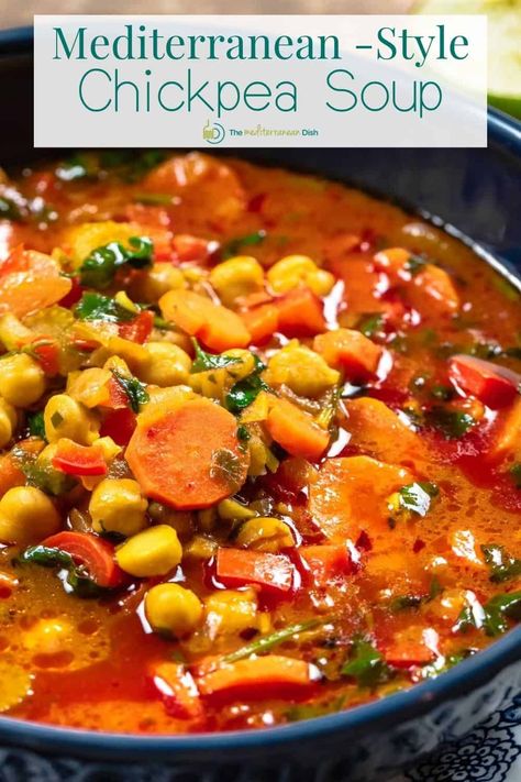 Mediterranean Soup, Mediterranean Chickpea, Vegan Chickpea, Easy Mediterranean Diet Recipes, Chickpea Soup, Dry Beans, Vegan Soup Recipes, Mediterranean Dishes, Vegan Soup