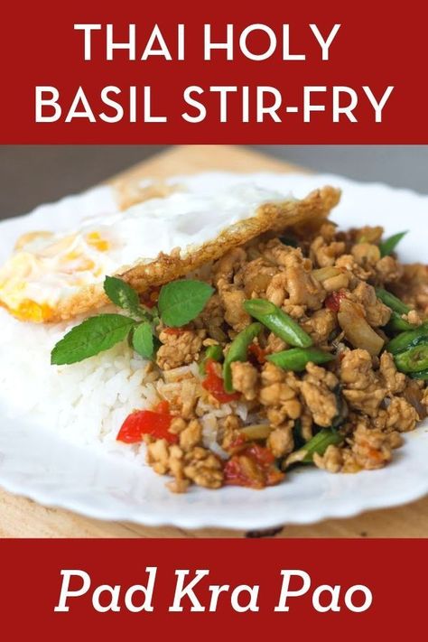 A popular Thai dish you can find at any Thai restaurant, but homemade is better! Chicken stir-fry with holy basil, topped with a fried egg. Quick, easy, weeknight friendly recipe! #thaifood #thaistreetfood #hotthaikitchen #chickenstirfry #thairecipe Basil Stir Fry, Pad Kra Pao, Gluten Free Asian Recipes, Popular Thai Dishes, Thai Recipes Authentic, Thai Basil Chicken, Thai Cooking, Thai Street Food, Basil Chicken