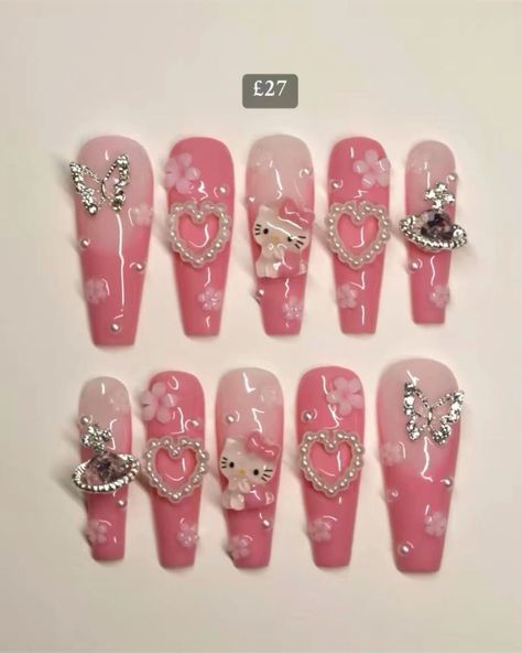 Charm Nails Y2k, Hello Kitty Nails Art, Punk Nails, Grunge Nails, Summery Nails, Girly Acrylic Nails, Hello Kitty Nails, Blush Nails, Really Cute Nails