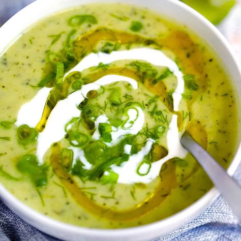 This healthy zucchini soup recipe has tangy Greek yogurt for a boost of flavor, creamy texture, and healthy protein, plus lemon, dill, and green onion for super fresh flavor. Big Zucchini, Dried Lemon Zest, Zucchini Soup Recipes, Soup Lovers, Easy Zucchini Recipes, Lemon Soup, Zucchini Soup, Zucchini Recipe, Summer Soup