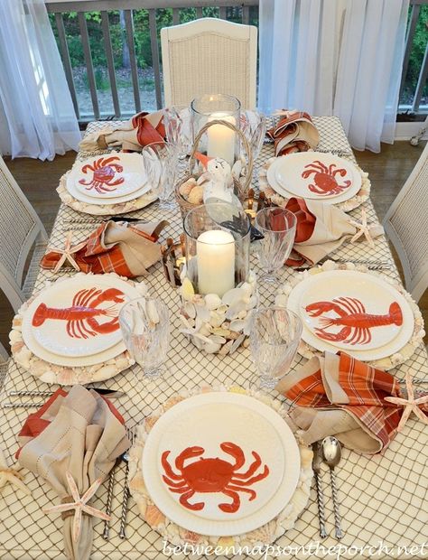 Coastal Beach Table Setting With Sailboat & Shell Plates Beach Table Settings, Summer Table Settings, Nautical Table, Beach Table, Summer Table, Summer Tables, Beach Themed, Coastal Style, Nautical Decor