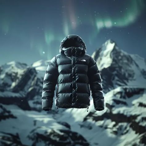 ↑↑↑ Larger size on website 🔸 A dark blue puffer jacket with a hood is floating in the air against a backdrop of snow-covered moun 🔸 From Midjourney AI Image Dark Blue Puffer Jacket, Green Aurora Borealis, Floating In The Air, Green Aurora, Blue Puffer Jacket, Blue Puffer, Face Logo, Puffer Jacket, The North Face Logo