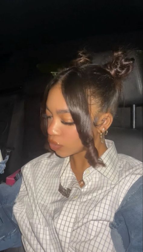 Too Messy Bun, Buns With Bangs For Black Women, Space Buns With Bangs Black Women, 2 Space Buns With Bangs, Two Buns Hairstyles For Black Women, Two Curls In Front With Bun, Space Buns With Side Part, Space Buns And Bangs, Two Space Buns With Bangs