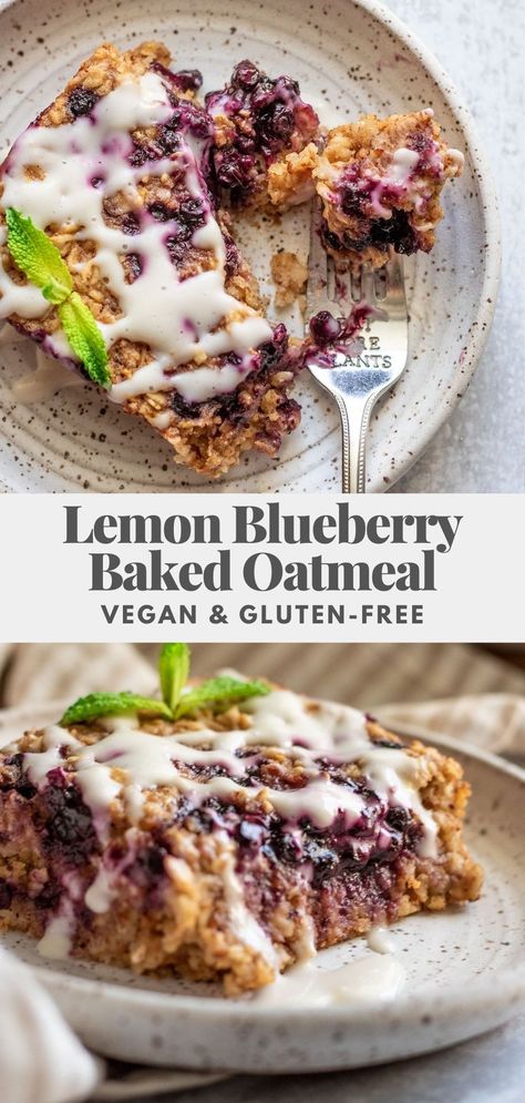 This Lemon Blueberry Baked Oatmeal is the perfect breakfast meal prep with gooey blueberry filling. Easy to make, bursting with fresh flavor and vegan. Blueberry Baked Oatmeal, Oatmeal Vegan, Blueberry Filling, Lemon Yogurt, Blueberry Oatmeal, Breakfast Meal, Blueberry Jam, Quick Oats, Breakfast Meal Prep