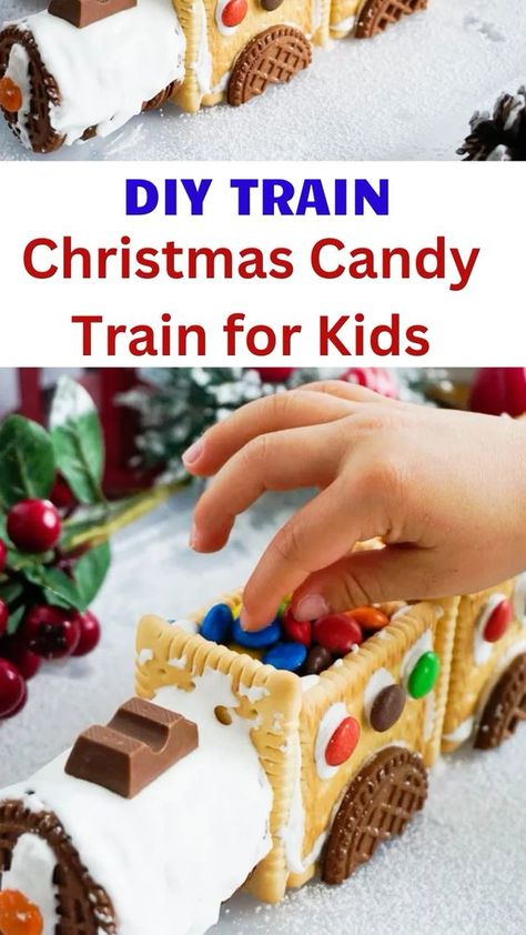 Easy Homemade Christmas candy train, made from biscuits – perfect for little kids to make with you. Made with store-bought ingredients (biscuits & candies) and homemade royal icing. Easy, fun and magical DIY Christmas project with/for children. From scratch Gingerbread Christmas train option included below. Gingerbread Train Ideas, Christmas Candy Train, Royal Icing Easy, Oreo Candy, Homemade Royal Icing, Homemade Christmas Candy, Train Diy, Christmas Oreo, Candy Train