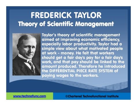 scientific management by frederick taylor support the idea that since employees value money most - this is the best motivator... Fw Taylor, Management Theories, Theory Of Motivation, Frederick Taylor, Principles Of Management, Scientific Management, Good Leadership, Good Leadership Skills, Productivity Motivation