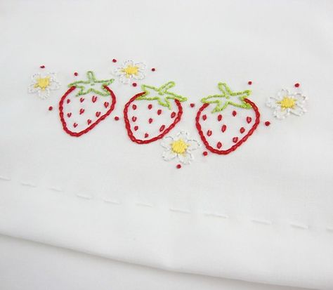 sweet strawberry tea towel | Completed! I used a running sti… | Flickr Simple Strawberry Embroidery, Strawberry Shortcake Embroidery, Cute Embroidery Designs Free Pattern, Simple Butterfly Embroidery, Strawberry Embroidery Pattern, Strawberries Embroidery, Summer Embroidery Designs, Easy Embroidery Designs, Embroidery Patterns Easy