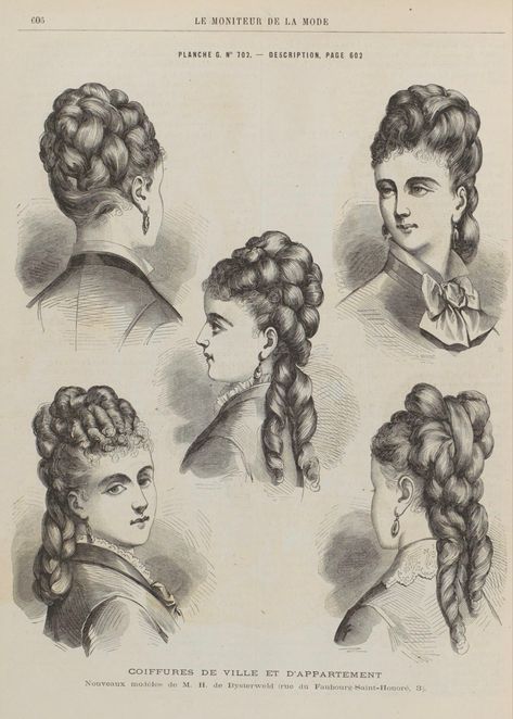 Le Moniteur de la Mode - December 1876 1850 Hairstyles, 1815 Hairstyles, 1843 Hairstyles, 1863 Hairstyles, 1885 Hairstyles, 1800s Hair, Victorian Era Hairstyles, Historical Hairstyles, 1870s Fashion