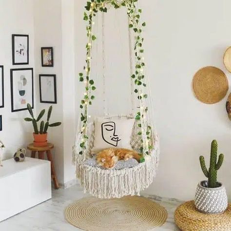 Boho-style Hanging Chair Bedroom Hanging Chair, Bedroom Swing, Macrame Hammock, Boho Chair, Hanging Hammock, Cute Room Ideas, Cozy Room Decor, Boho Room, Room Design Bedroom