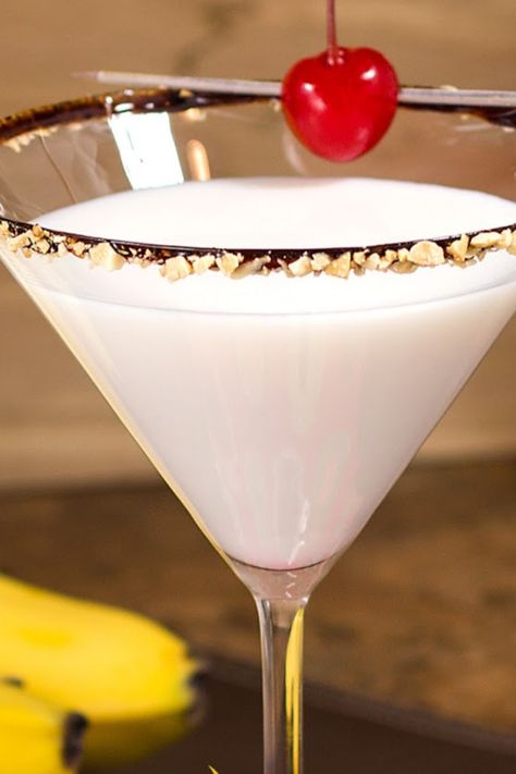 Banana Split Martini Banana Split Martini, Banana Split Cocktail, Banana Martini, Fall Cocktail Party, Marachino Cherries, Slow Roasted Italian, Whipped Vodka, Garden Party Recipes, French Vanilla Creamer