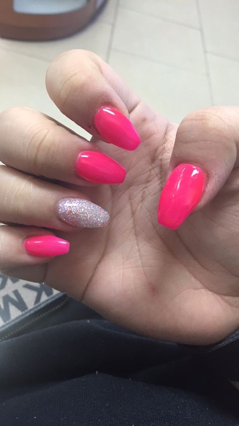 Nails For A Hot Pink Prom Dress, Hot Pink Concert Nails, Hot Pink Formal Nails, Silver And Hot Pink Nails, Hot Pink Coffin Nails, Hot Pink And Silver Nails Prom, Pink Coffin Nails, Nails With Silver, Pink Coffin