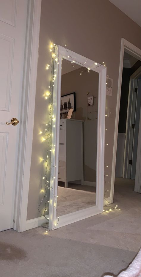 Wall Mirror Lights, Room Mirror Ideas Bedrooms Small Spaces, Lights On Mirror Bedroom, Lights Around Mirror Bedrooms, Full Length Mirror With Fairy Lights, Full Length Mirror Fairy Lights, Fairy Lights On Mirror, Lights Decoration For Bedroom, Fairy Light Mirror