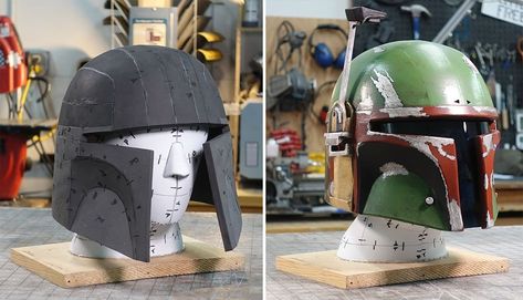 Cosplay Advice, Mandalorian Helmets, Cosplay Patterns, Helmet Stand, Starwars Cosplay, Foam Costume, Foam Cosplay, Armor Helmet, Boba Fett Helmet