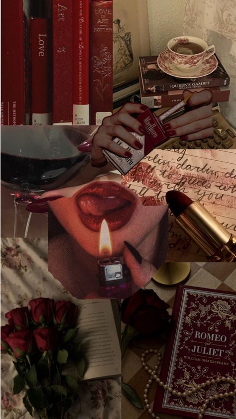 Darkred Femme Fatale Collage wallpaper Collage Wallpaper, Roses, Wine, Collage, Books, Red