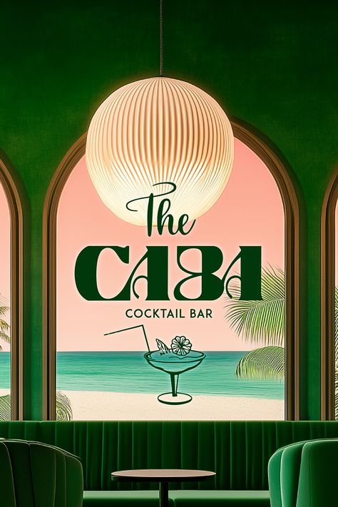 Step into The Caba Cocktail Bar, where tropical vibes meet vintage elegance in a branding experience crafted by Fivestar Branding. The lush green and sunset pink palette transports you to a luxurious paradise, while the retro-inspired logo adds a touch of classic charm. Sip, relax, and let The Caba take you on a journey. #CocktailBarBranding #RestaurantBranding #LogoDesign #Typography #IdentityDesign #BarDesign #TypeBasedLogo Tropical Brand Identity, Retro Tropical Aesthetic, Pink Green Branding, Tropical Bars, Vintage Luxury Aesthetic, Beach Bar Design Ideas, Tropical Typography, Cocktail Branding, Tropical Branding