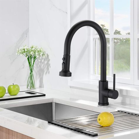 The streamlined and elegant Kitchen Faucet With Pull Down Sprayer features a distinctively modern design with universal appeal. Kitchen Faucet Design, High Arc Kitchen Faucet, Stainless Kitchen Faucet, Pull Down Kitchen Faucet, Modern Basin, Kitchen Faucet With Sprayer, Stainless Sink, Black Faucet, Pull Out Kitchen Faucet