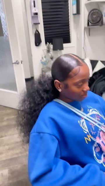 Sleek Puffy Ponytail Weave, Sleek Ponytail With Curly Weave, Two Slicked Ponytails, Slick Back Fluffy Ponytail, Upper Ponytail Hairstyles, Bohemian Curl Ponytail, Fluffy Curly Ponytail Weave, Middle Part Slick Back Ponytail Weave Curly, Fluffy Weave Ponytail