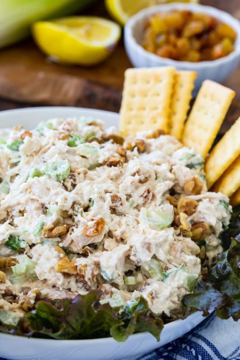 Golden Chicken Salad with golden raisins and walnuts Chicken Salad Recipe With Raisins, Salad With Golden Raisins, Sonoma Chicken Salad, Spicy Southern Kitchen, Raisin Recipes, Chicke Recipes, Golden Chicken, Southern Kitchen, Poached Chicken